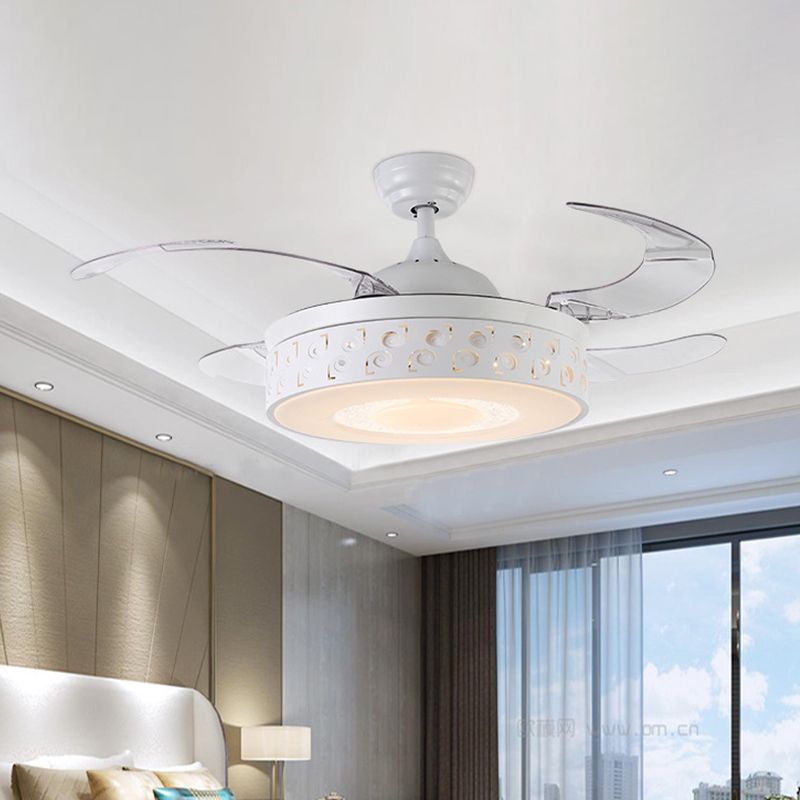 Trommelmetaal hanger ventilator licht moderne led 42 "w slaapkamer semi -flush mount verlichting in wit met externe/wandregeling/frequentieconversie en afstandsbediening, 4 bladen