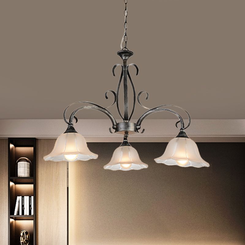 Iluminación de colgante floral de vidrio translúcido de la sala de estar de 3 cabezas de lámpara de lámpara de lámpara en plata