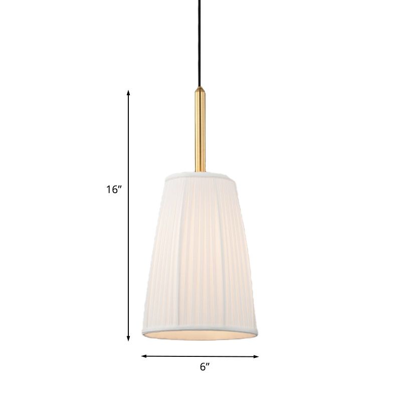 Bell Bedside Drop Pendant Farmhouse Pleated Fabric 1 Bulb White Pendulum Light with Gold Top