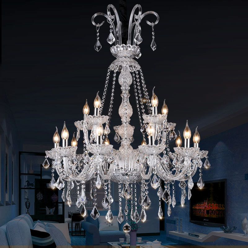 Clear Glass Candelabra Kronleuchter Lampe Retro 15 Lampen Wohnzimmer Suspension Licht mit Kristallabfall