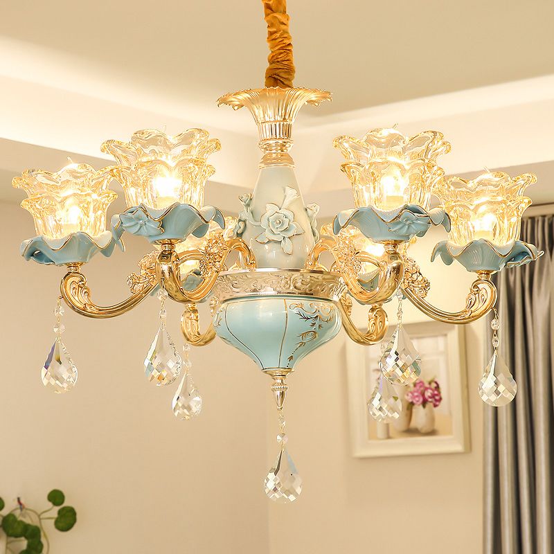 Ruffle Glass Flower Chandelier Pendant Light Vintage Living Room Hanging Light with Hanging Crystal in Blue