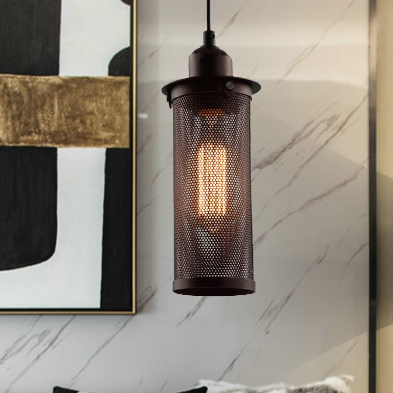Metal Black/Rust Hanging Pendant Lamp Cylindrical 1 Head Industrial Ceiling Lighting with Mesh Cage Shade