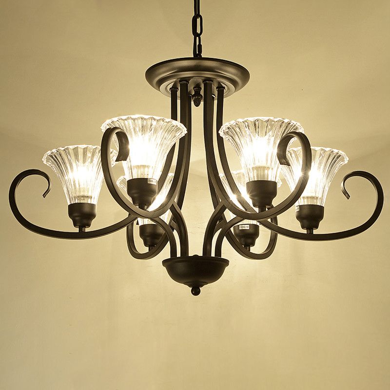 Klares geripptes Glas ausgestattet Kronleuchter Retro -Salondecke -Anhänger Licht mit Wirbelarm in Schwarz