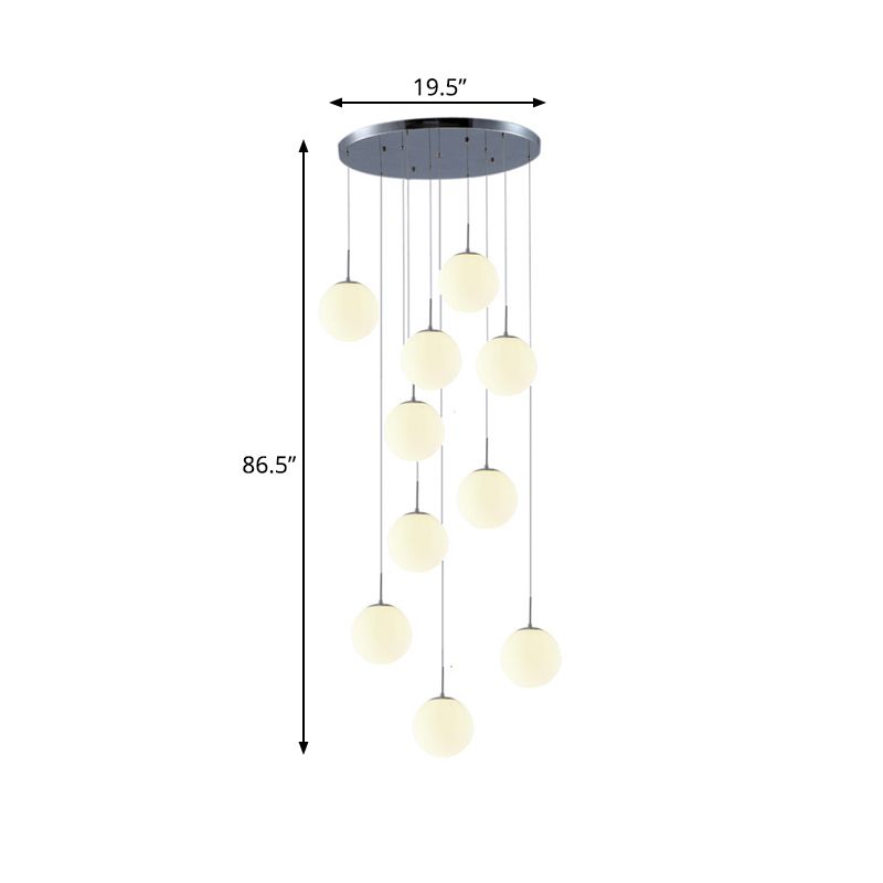 Silver 10 Heads Hanging Light Kit Modernism White Glass Meteor Shower Cluster Pendant Lamp