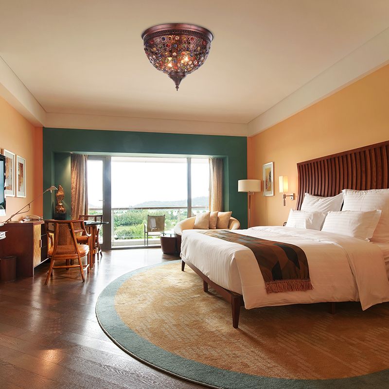 Plafoniera da incasso a cupola in metallo vintage a 2 luci con perlina di cristallo in rame stagionato