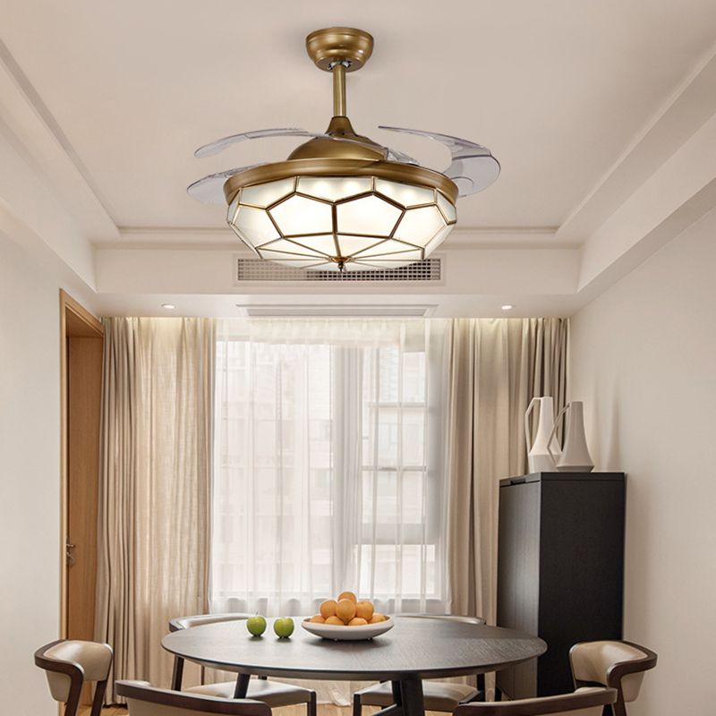 4 Blades Classic Geometric Shaped Ceiling Fan Light Frost Glass 42" Wide LED Semi Mount Lighting in Brass