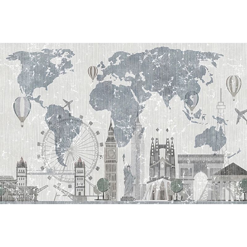 Illustration World Map Mural Full Size Wall Covering for Coffee Shop in Grey and Blue, Made to Measure
