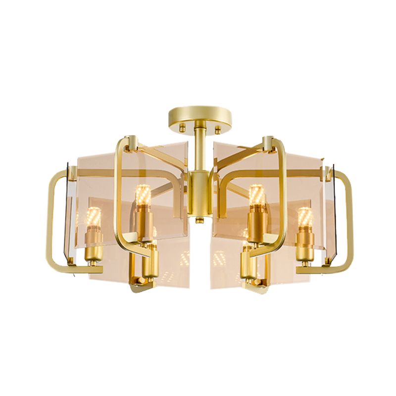 Gold Rechteck Panel Halbflush Licht Moderne 6 Lampen Bräune Glas Flush -Lampe mit Trommeldesign