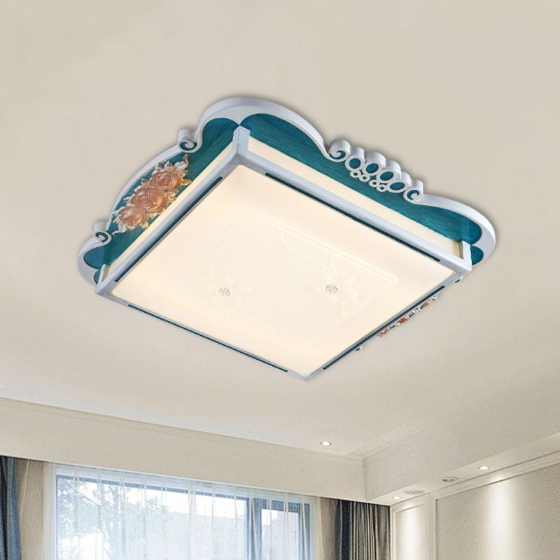 Acrylic Square Design Flush Mount Traditional Style LED Bedroom Light Fixture Ceiling with Carved Flower in Brown/Blue