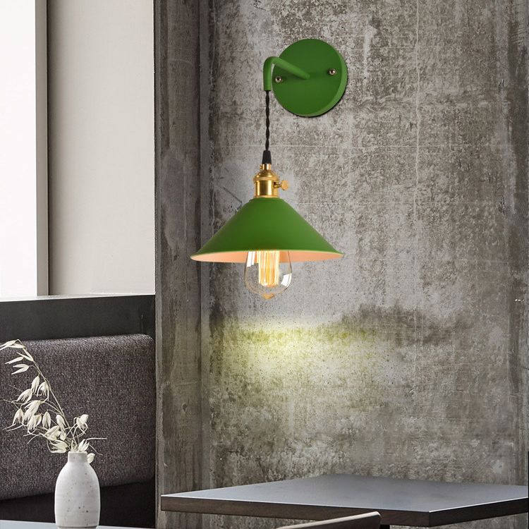 1-Lights Macaroon Style Simplicity Wall Lamp Metal Cone Shade Bedroom Sconce Light with Brass Rotary Switch