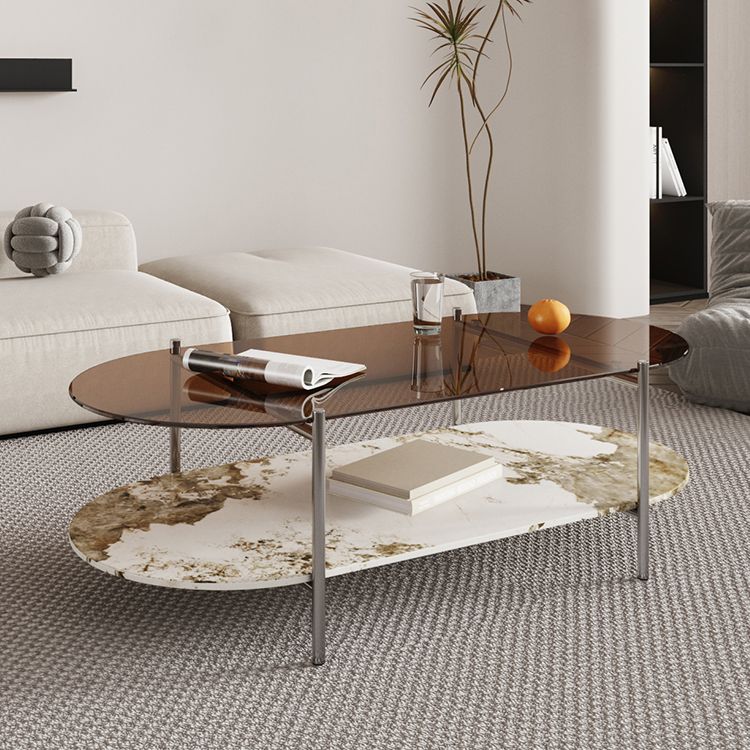 15.74" H Oval Glass Coffee Table Stainless Steel Sled Cocktail Table with Shelf