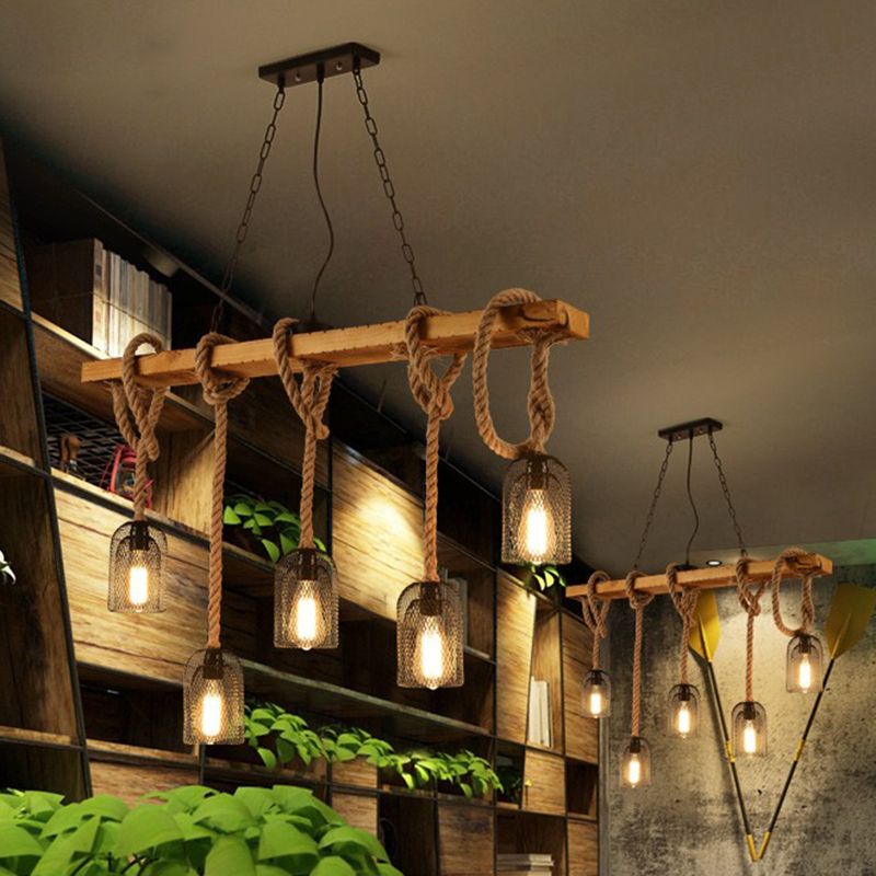 Metallic Elongated Dome Hanging Lamp Antique Restaurant Island Chandelier Light with Hemp Rope in Wood