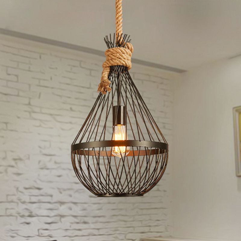 1 Head Teardrop Ceiling Lamp Countryside Black Finish Metal Restaurant Suspension Pendant Light with Rope