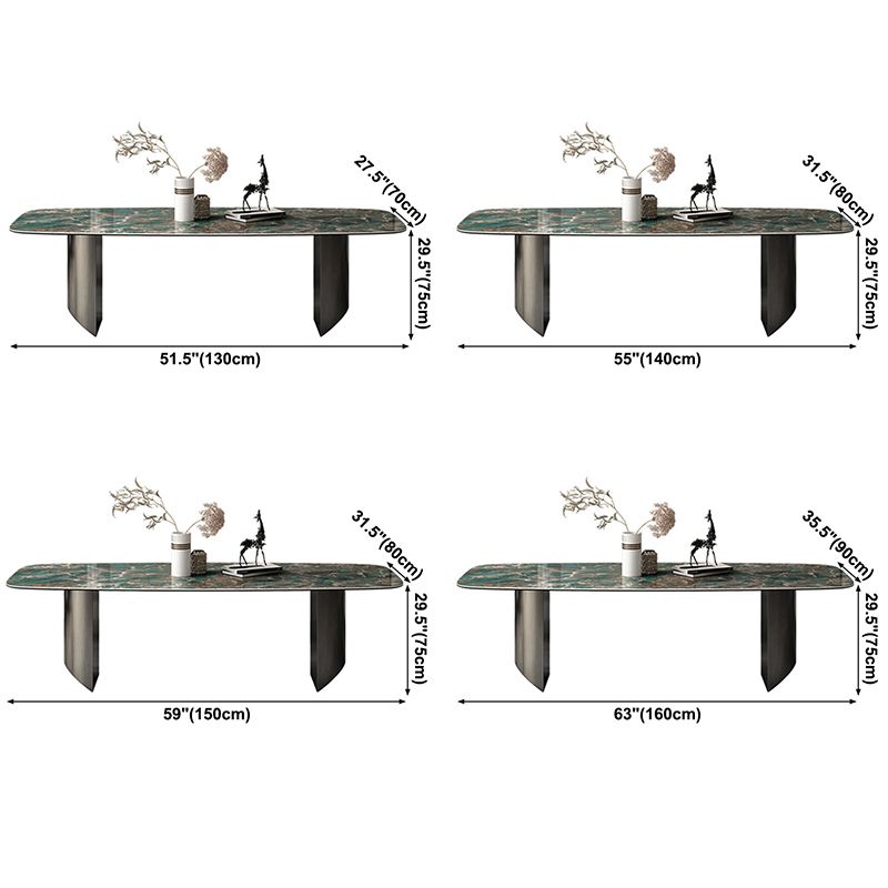 Sintered Stone Modern Rectangle Dining Table Green Stone Top Table with Metal Double Pedestal