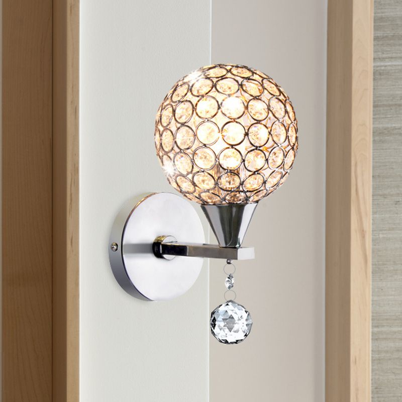 Globe Bedroom Wall Mount Lighting Crystal Encrusted 1 Head Modern Wall Light in Chrome