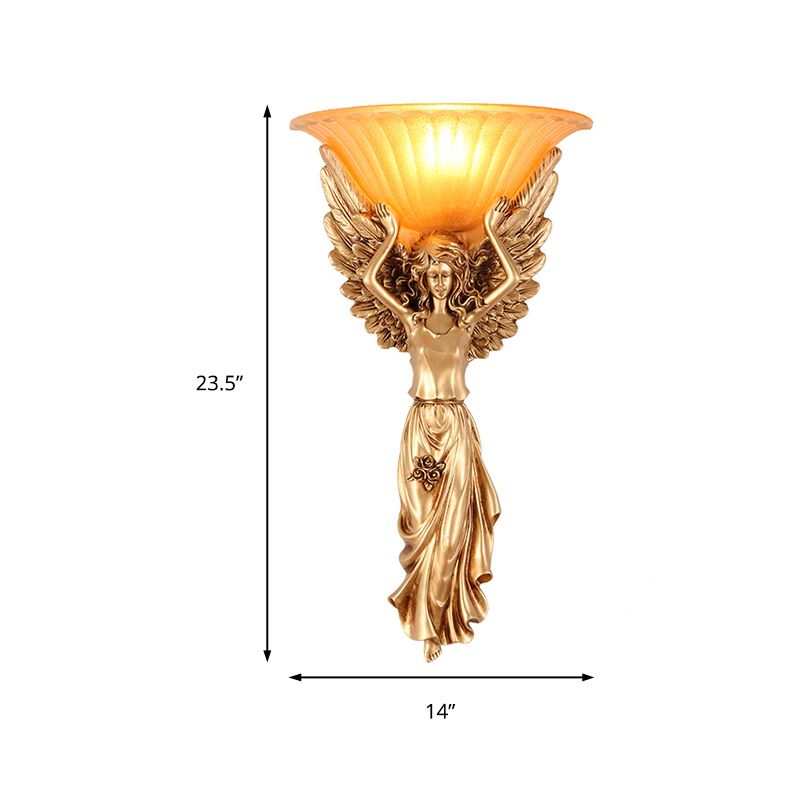 1 Light Wall Lamp Vintage Flared Ribbed Glass Sconce Light with Gold/White Angel Base