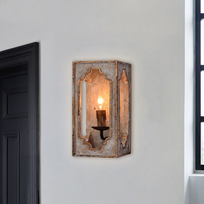 Metallic Cuboid Sconce Lighting Fixture with Candle Design Country Style 1 Bulb Corridor Wall Lamp in Rust