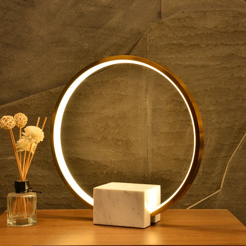 Gold Hoop Nightstand Lamp Minimalist Aluminum LED Table Lighting with Block Marble Pedestal