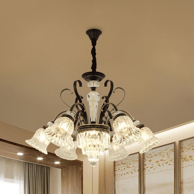 6/8 Heads Clear Glass Chandelier Countryside Black Bell Living Room Ceiling Suspension Lamp