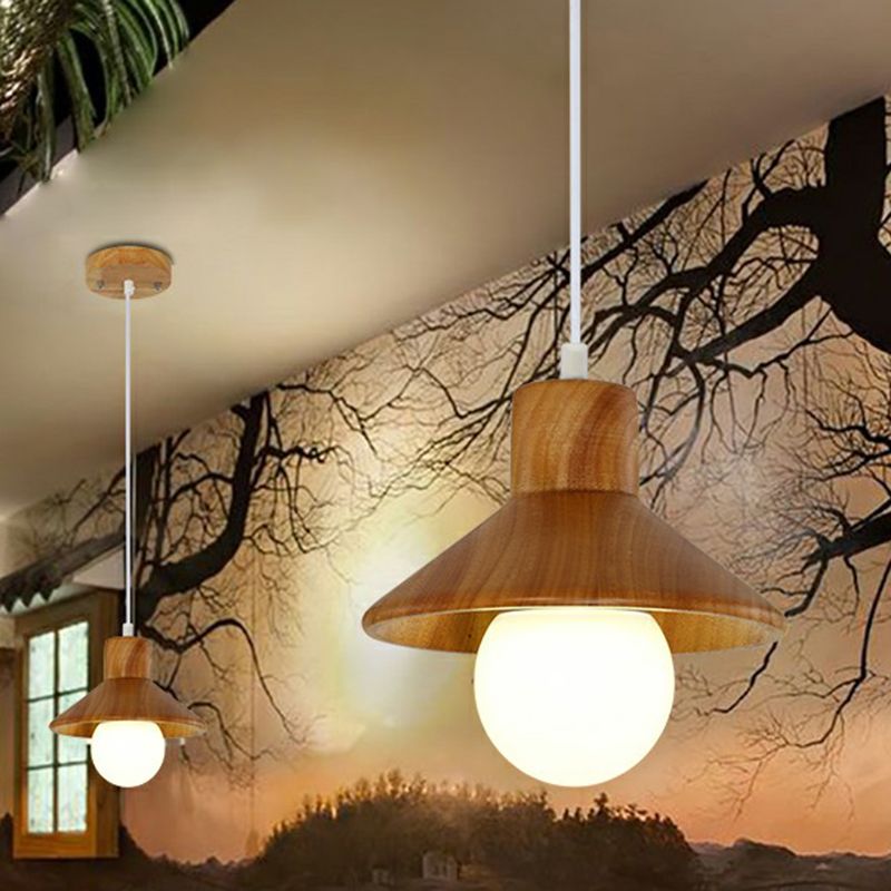 Cone Shaped Restaurant Hanging Lamp Wooden 1 Head Nordic Ceiling Light in Beige-White
