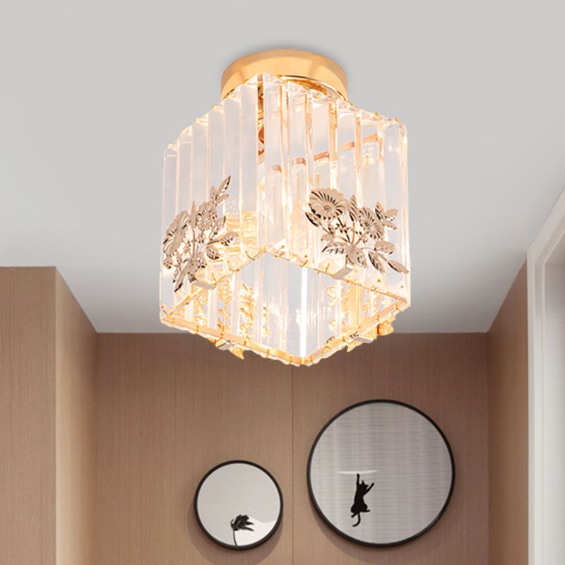 Cube Shape Semi Flush Light Fixture Nordic 1-Bulb Carved Crystal Ceiling Mounted Light in Gold