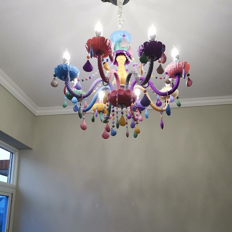 Candle Baby Room Chandelier Metal Macaron Suspension Light with Crystal Drapes