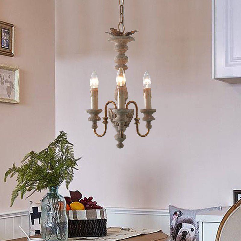 Distressed White Curved Arm Pendant Chandelier Rural Wood 3 Bulbs Dining Room Hanging Ceiling Light