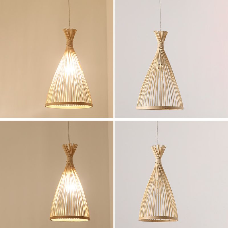 Conical Pendant Light Fixture Chinese Minimalist Bamboo 1 Light Restaurant Suspension Pendant