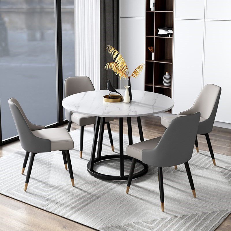 Round Black Iron Base Dining Table Modern Stone Pedestal Table