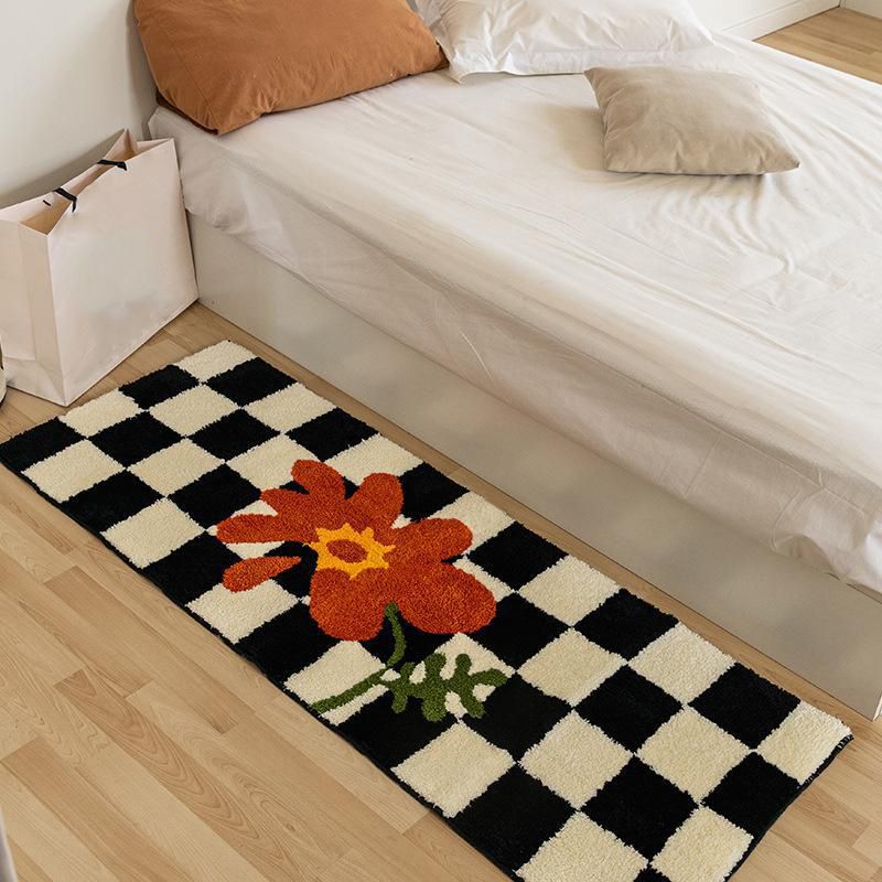 Black Modern Rug Polyester Grating Rug Stain Resistant Rug for Living Room