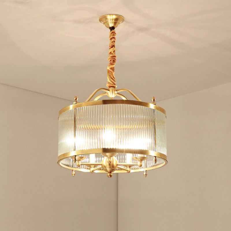 3/5/6 luci lampadario leggero tamburo coloniale trasparente con soffitto in vetro a coste in ottone lucido, piccolo/medio/grande
