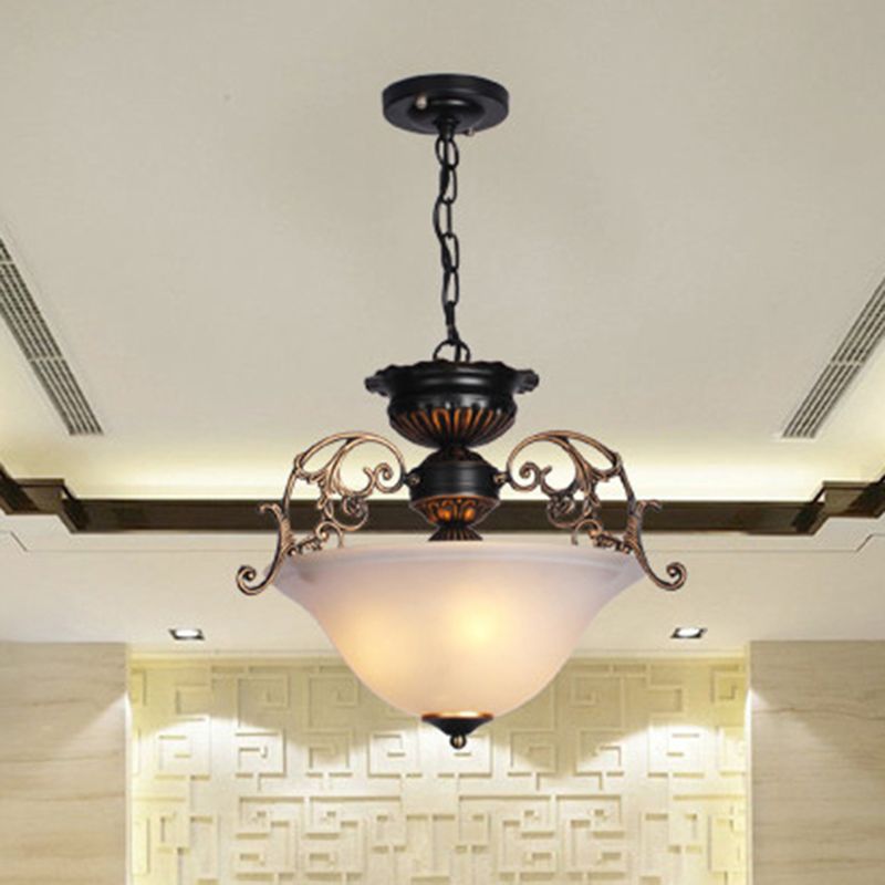 Vintage Inverted Dome Ceiling Lighting 3 Heads Frosted Glass Hanging Light in Gold-Black
