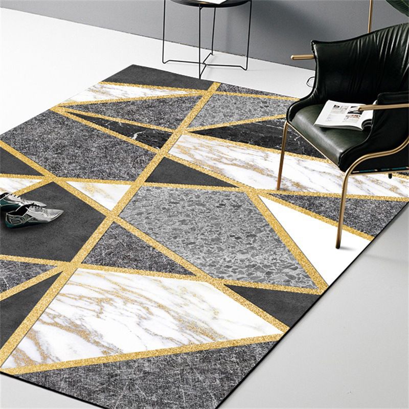 Postmodern Geometric Marble Print Rug Black and White Synthetics Carpet Pet Friendly Non-Slip Stain Resistant Indoor Rug for Home