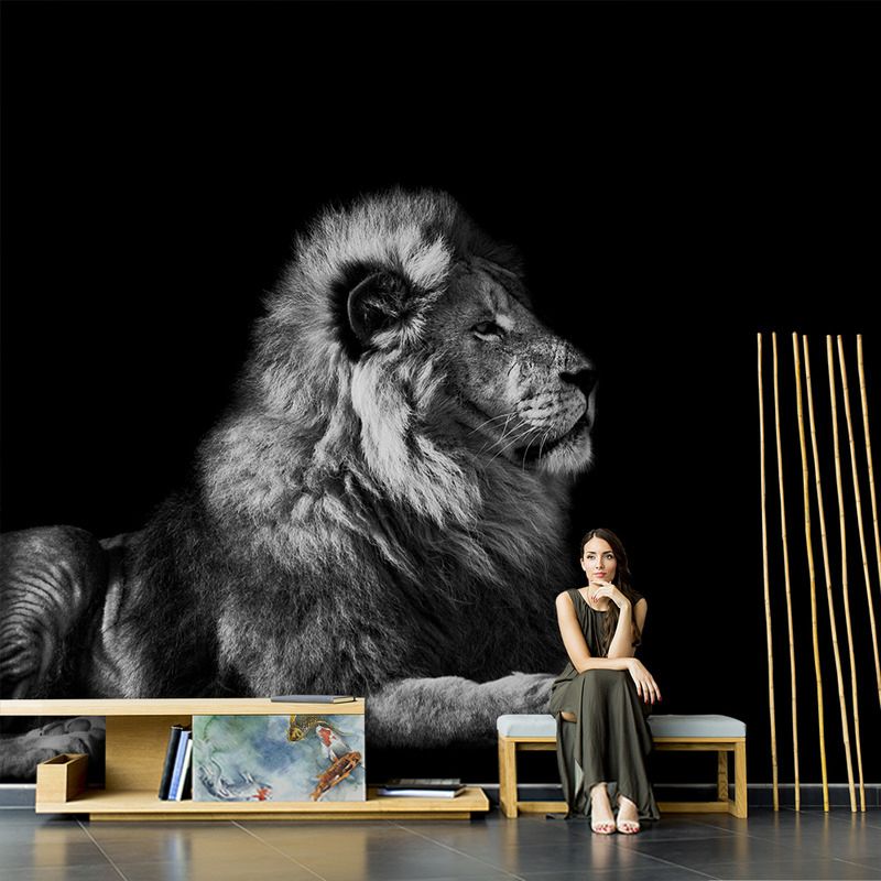 Whole Lion Wall Covering Modern Grandiose 3D Effect Mural Wallpaper in Pastel Grey