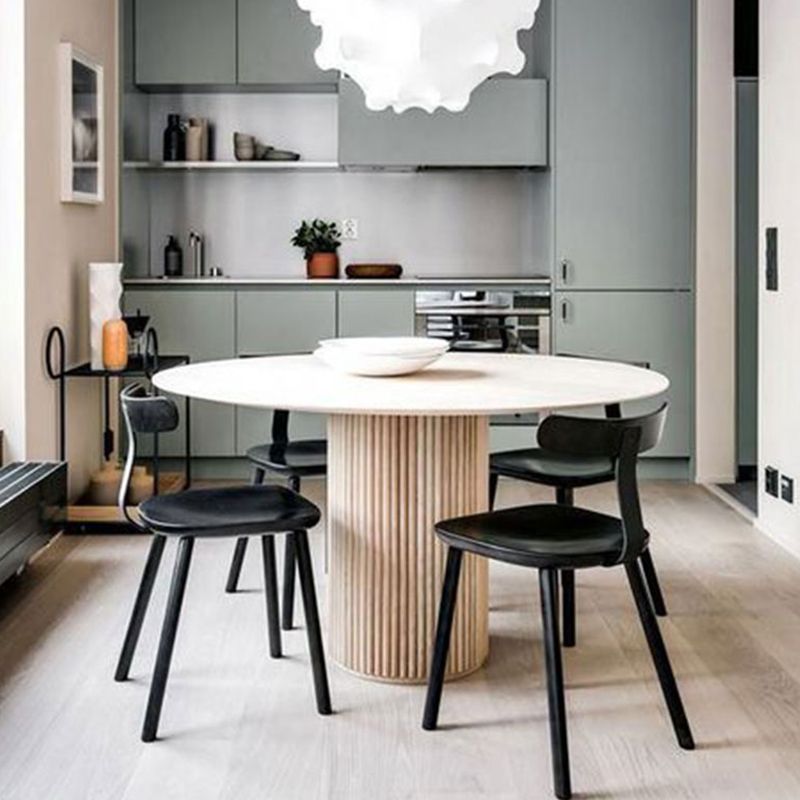 Round Pedestal Modern Dining Table Brown Tone Fixed Table with Pinewood Solid Wood