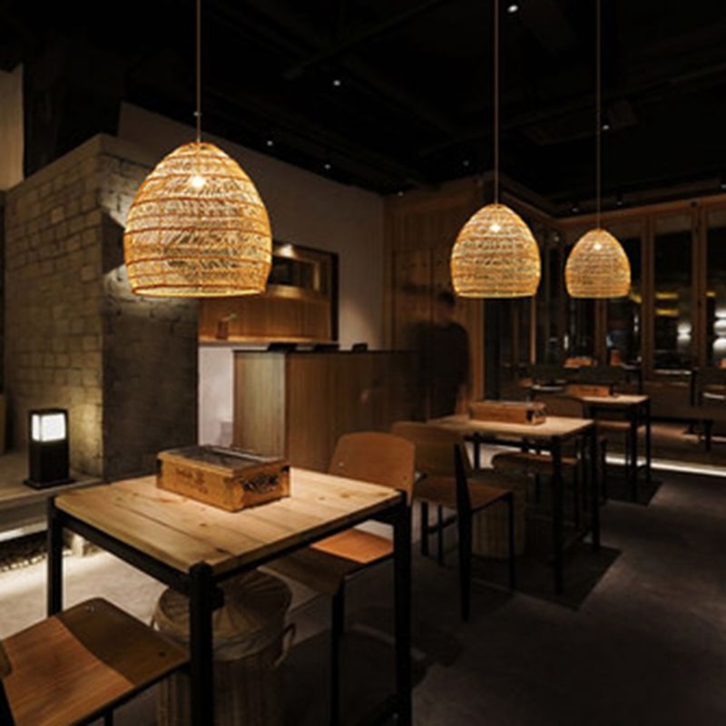 Bamboo Elongated Dome Pendant Lighting Fixture Asia Style Beige Hanging Light Fixture