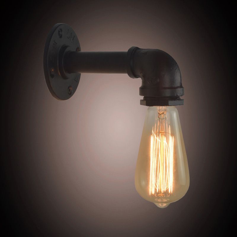 Industrial Style Pipe Shape Wall Sconce Metal 1 Light Sconces in Black for Bedroom