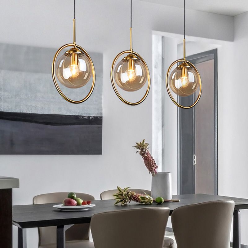 Dinning Room Three Head Sphere Shape Hanging Light  Glass and Metal Modern Down Lighting Pendant
