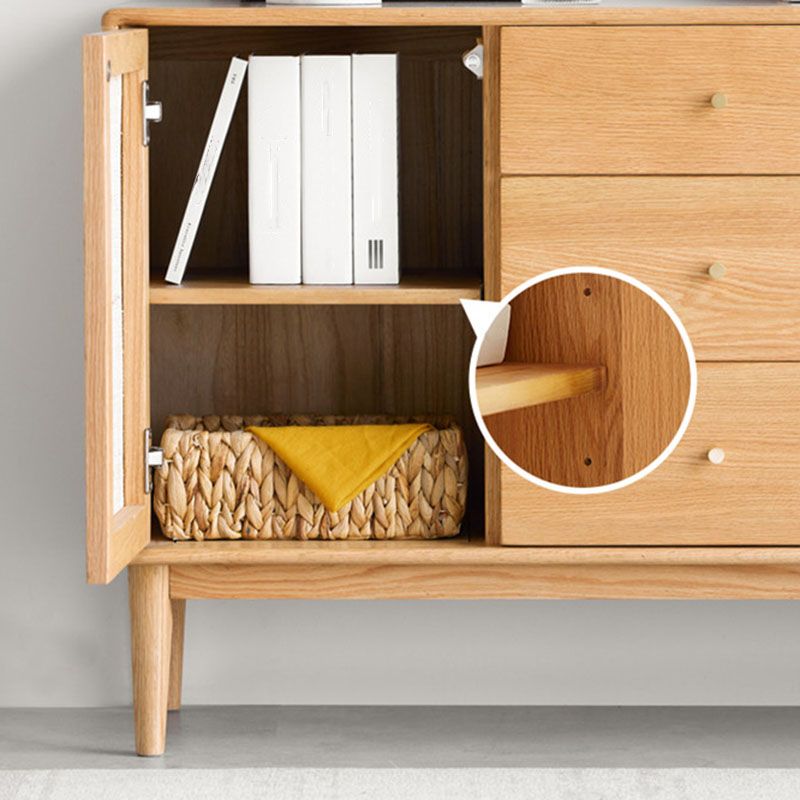 Contemporary Paned Cabinet Brown Pine and Cherry Accent Cabinet with Doors