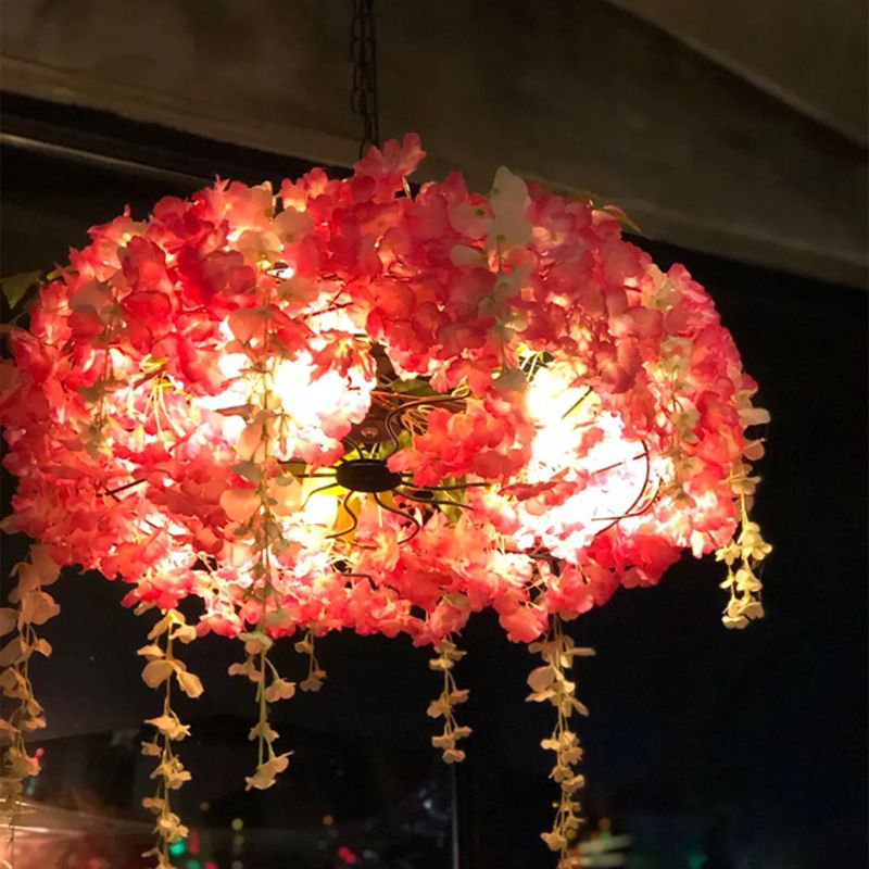 3-Light Round Cage Pendant Lamp Rural Metal Chandelier Light with Artificial Flower