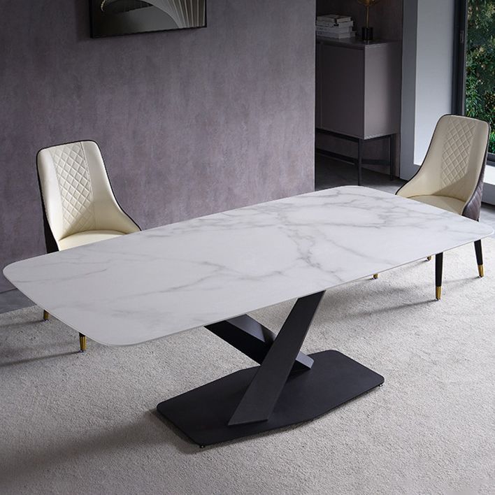 Contemporary Rectangle Dining Room Table Sintered Stone Table with Pedestal Base