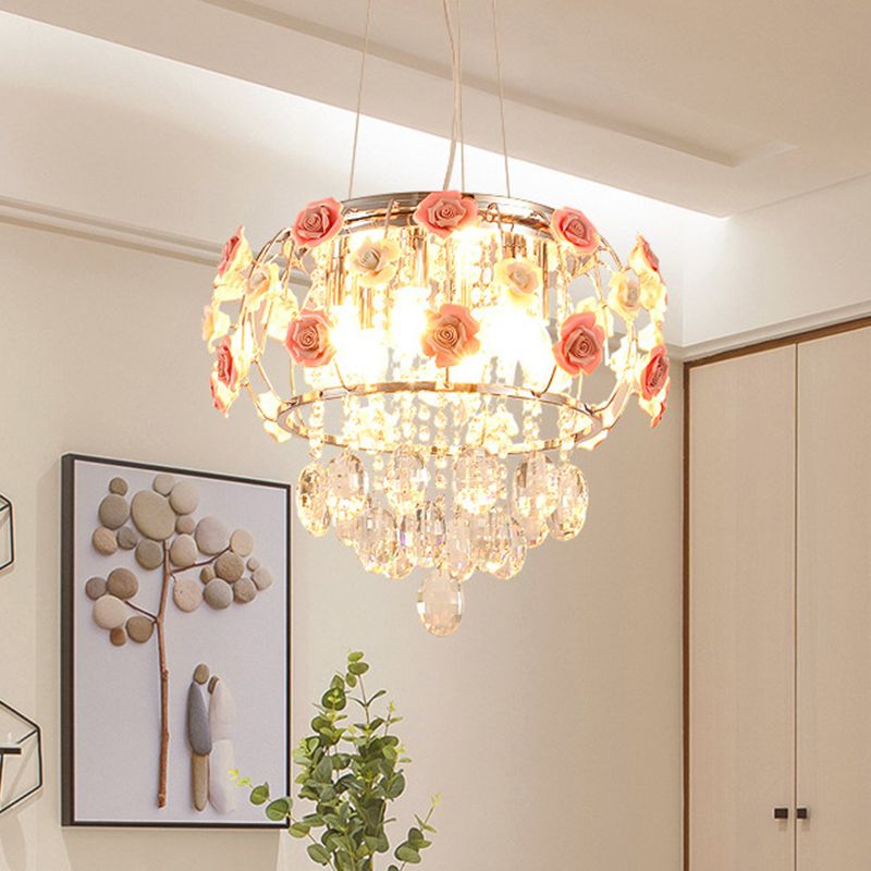 Lampadario a sospensione a sospensione a sospensione per tamburi cromati in metallo moderno 6 lampadine da pranzo lampada a sospensione con rosa rosa e drappeggio cristallino