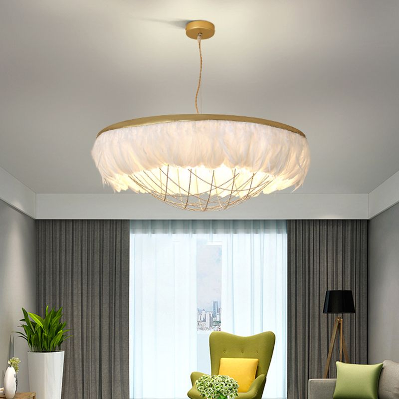 Cage Dome Lamera lampadina metallica Light Modern 2 Bulbs Lampada a soffitto appeso oro con piume bianco/grigio/rosa