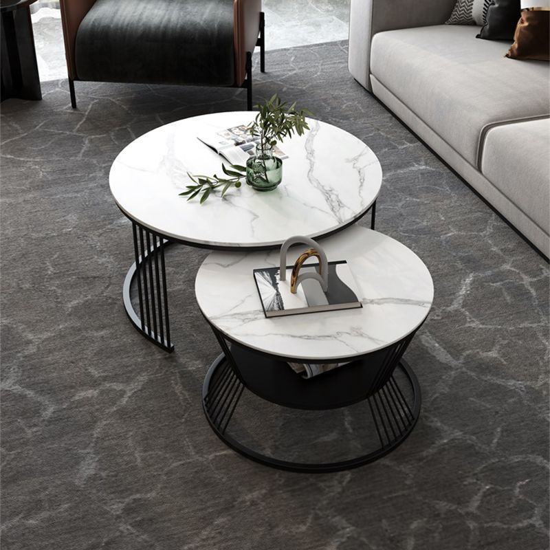 Contemporary Coffee Table Set Round White 2-Piece Coffee Cocktail Table