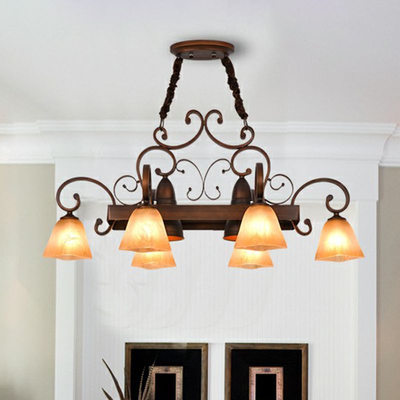 Wirbelter Arm Esszimmer Kronleuchter Beleuchtung Klassischer Metallkupfer -Anhänger Licht mit Bell Beige Glasschatten