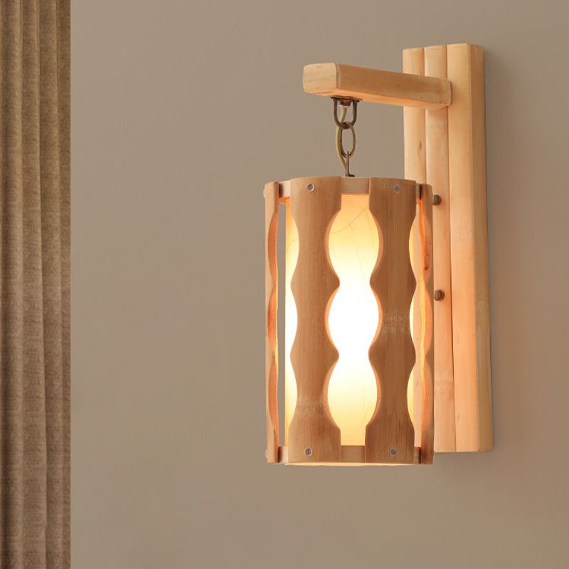 Cylinder Wall Mount Lamp Asian Style Wood Single Head Khaki Sconce Light Fixture for Restaurant