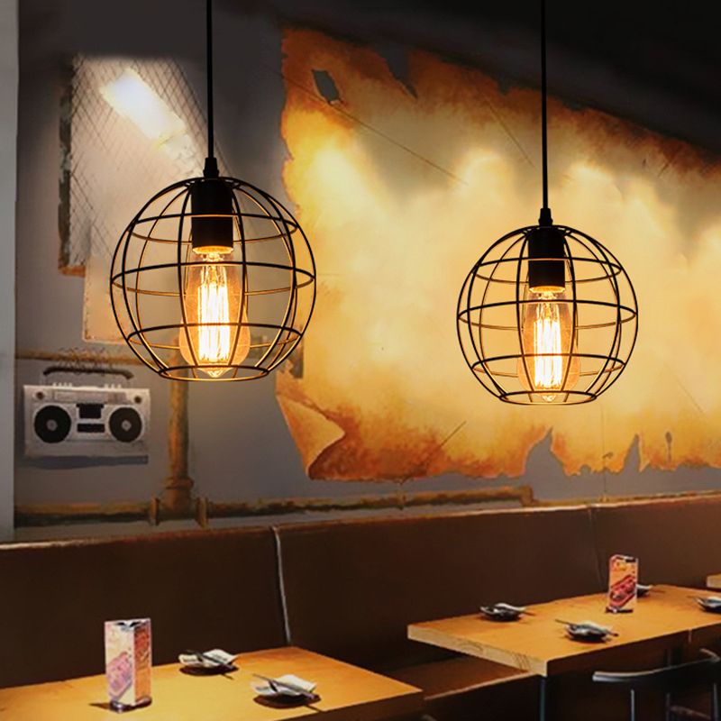 Black Metal 1 Light Light Light Light Indsutrial Retro sferico Cage Hanging Lampada per il ristorante