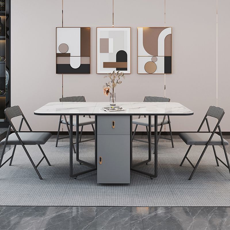 Foldable Sintered Stone Top Dining Table Modern Rectangle Table with Storage Trestle Base