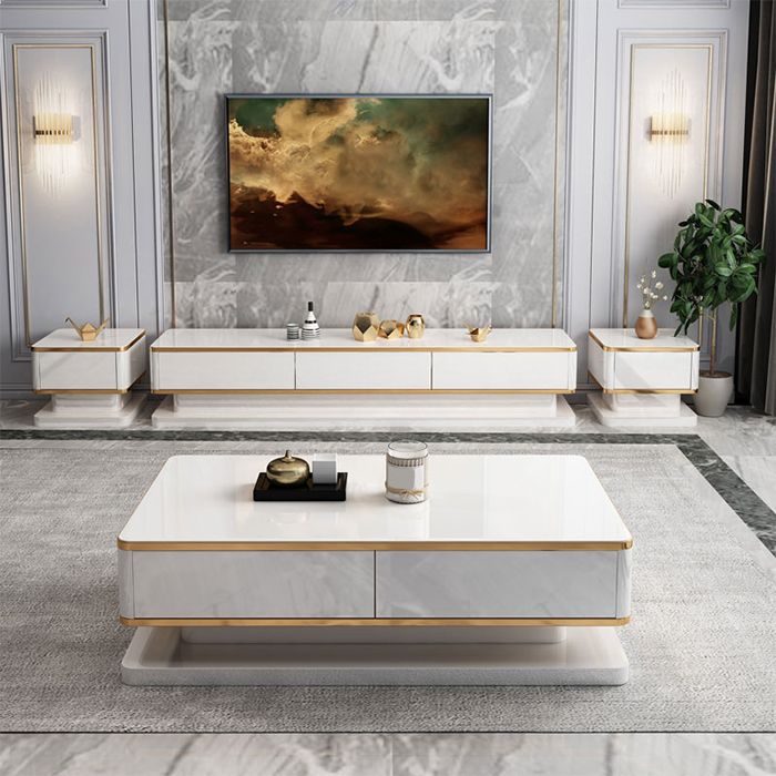 18"H Glam Single White Rectangular Coffee Table with Storage