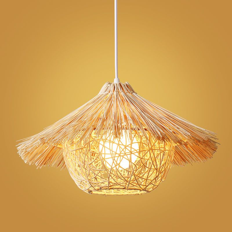 1 Light Farmhouse Shape Hanging Ceiling Light Japanese Fringed Rattan Hanging Light for Restaurant